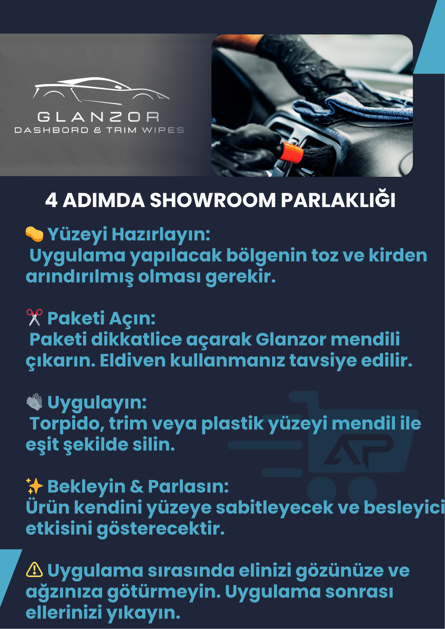 Glanzor Tek Kullanımlık Torpido & Plastik Trim Parlatıcı - Torpido Parlatıcı Mendil