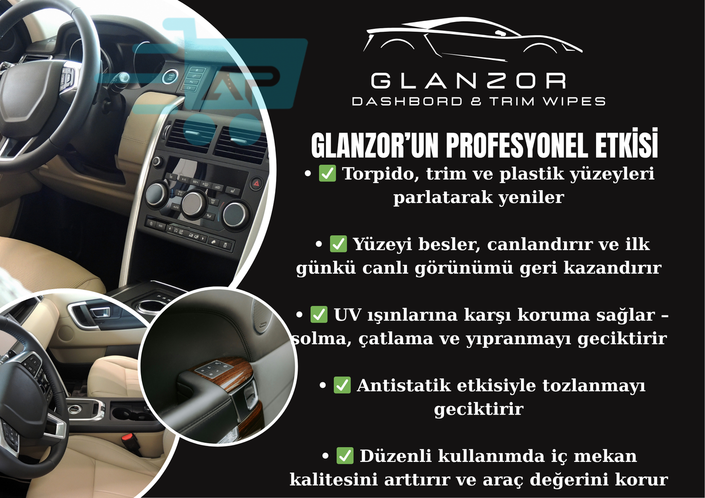 Glanzor Tek Kullanımlık Torpido & Plastik Trim Parlatıcı - Torpido Parlatıcı Mendil