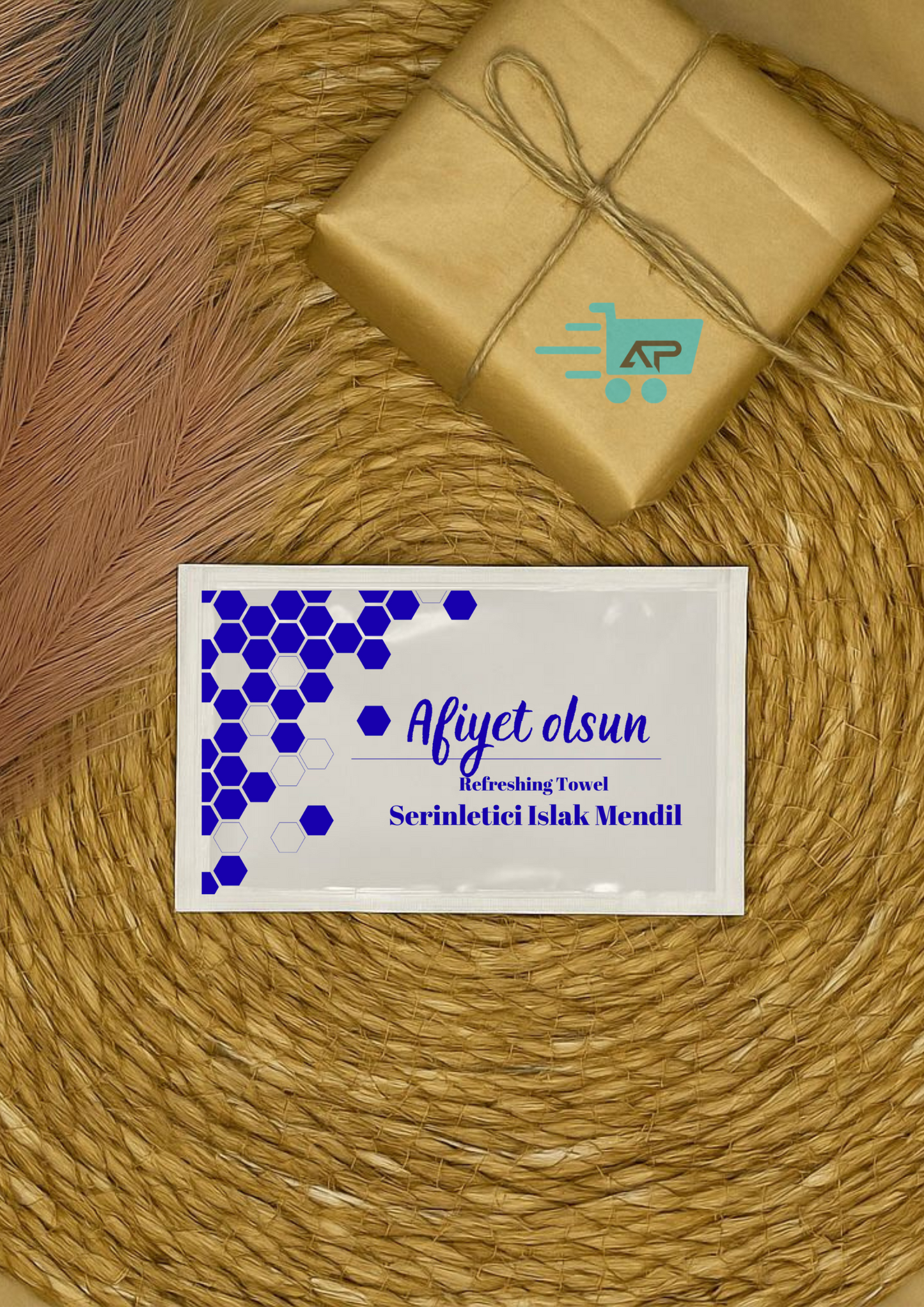 Petekli "Afiyet Olsun!" Baskılı Tek Kullanımlık Islak Mendil
